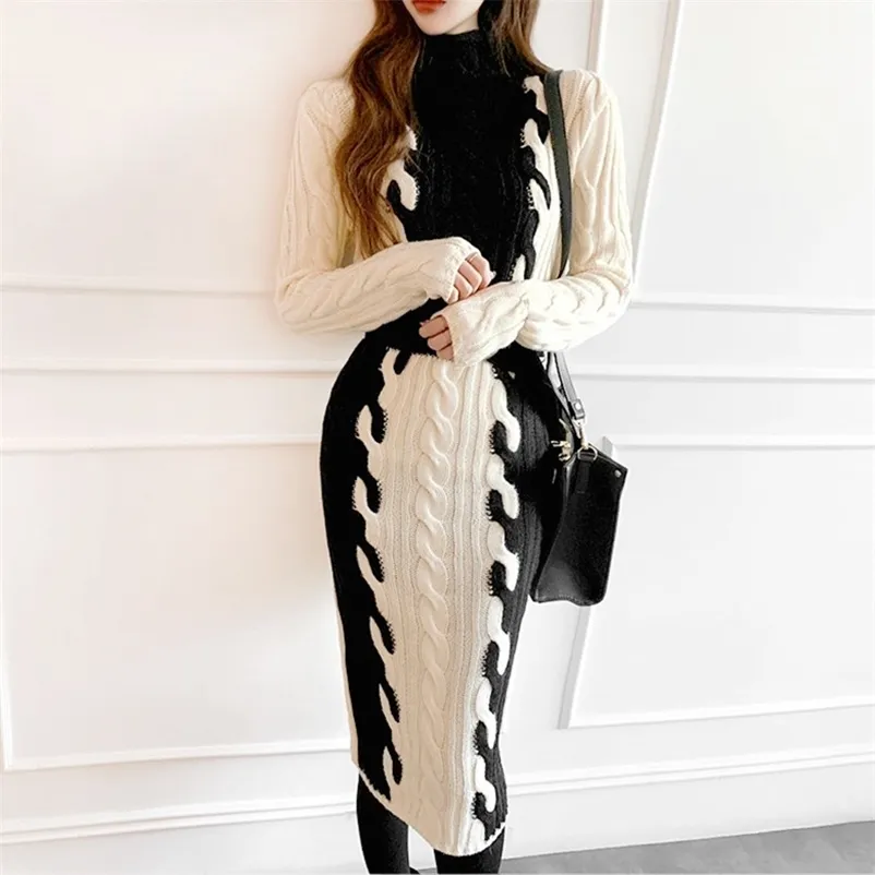 가을 겨울 여성 긴 소매 터틀넥 패치 워크 트위스트 따뜻한 두꺼운 스웨터 여성 바디 콘 풀오버 미디 니트 드레스 210416