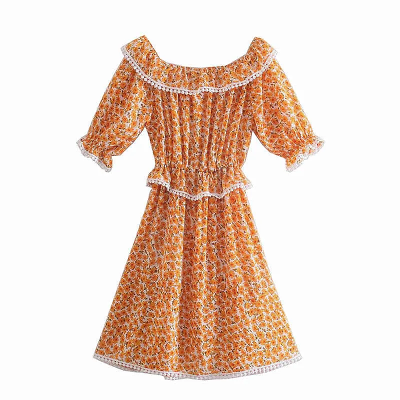 Sweet Women Floral Midi Dress Summer Beach Fashion Ladies Cute Peter Pan Collar Boho Lace Dresses Casual Girls Chic 210430