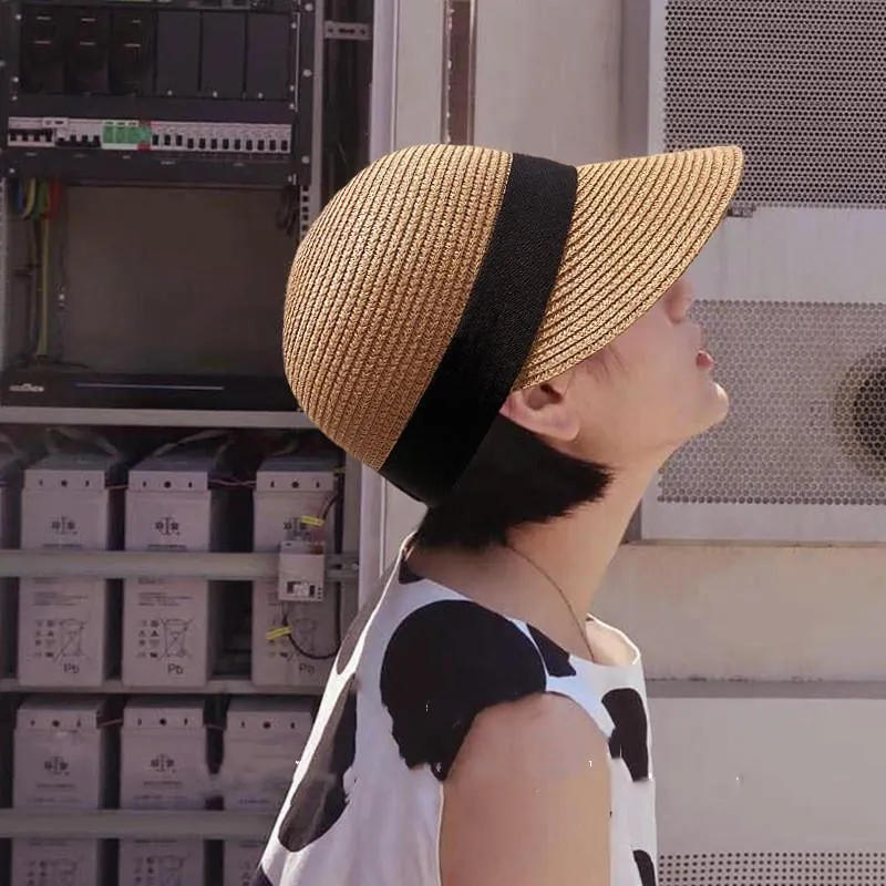 女性の夏のわら帽々カジュアルなビーチ帽子屋外の日焼け止めパナマ馬場帽子通気性旅行バイザー野球キャップワイドブリム