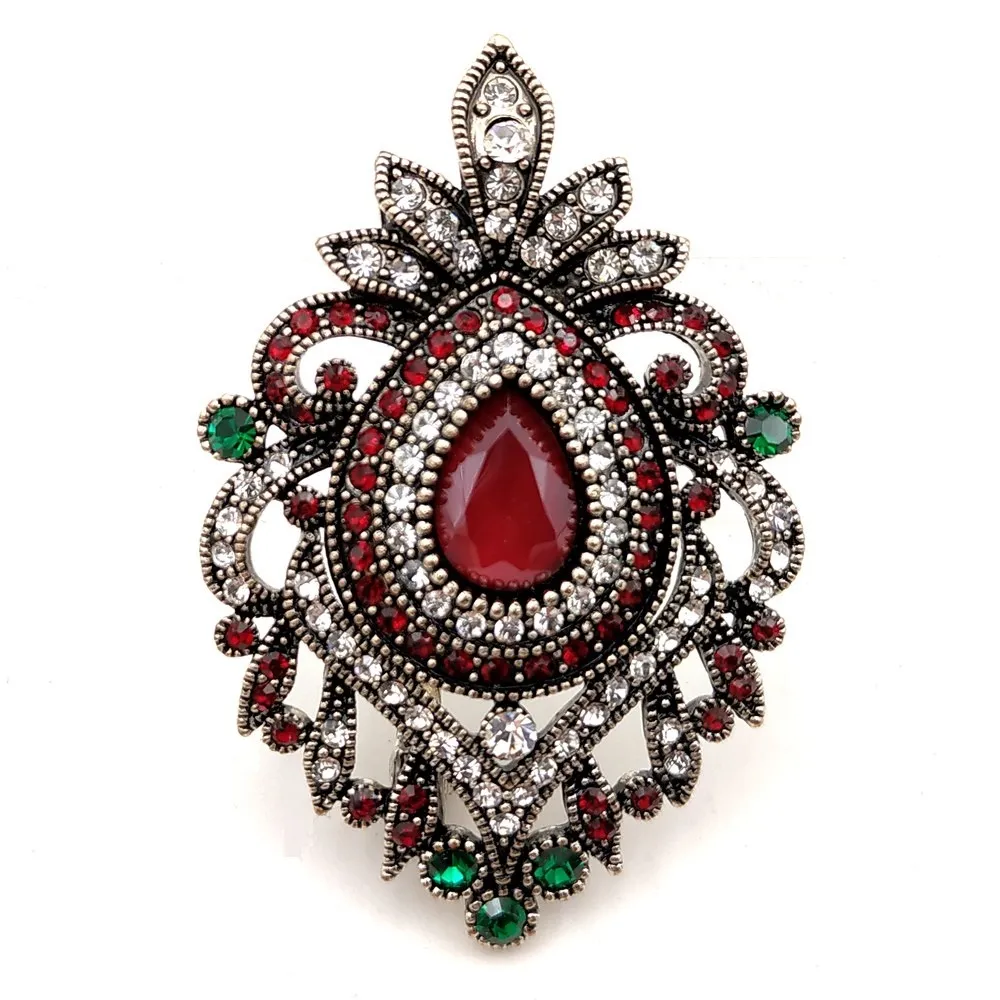 Turkse vintage Micro Pave Crystal Opent Filigree Scroll Dark Dark Red Broch Teardrop Stone Comed Oval Shaped Pin Hijab Sieraden