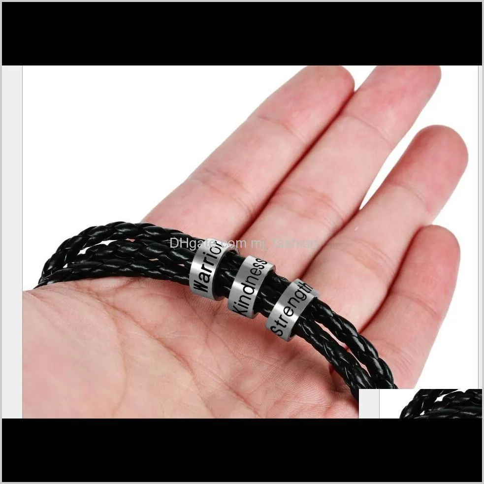 personalized mens braided genuine leather bracelet stainless steel custom beads name charm bracelet for men with family namesps2190