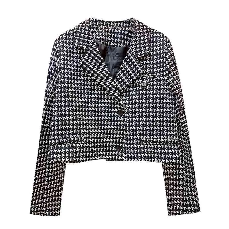 Femmes Plaid Poche Bouton À Manches Longues Col Encoche Blazer Court Recadrée Simple Boutonnage Houndtooth Chic C0330 210514