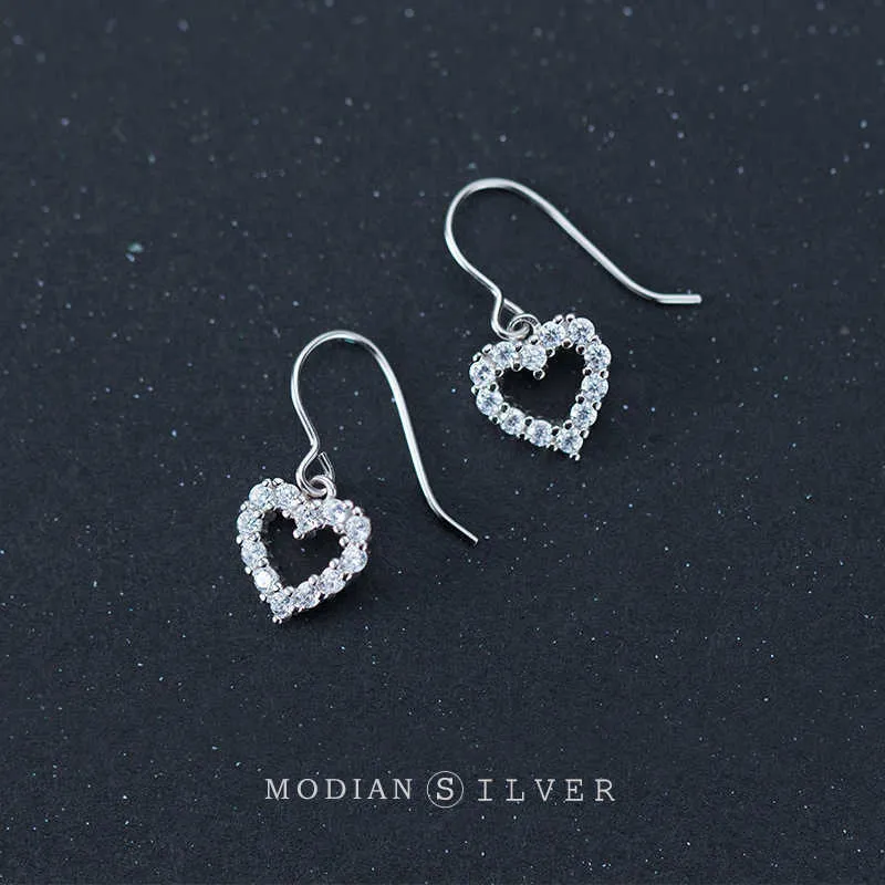 CLEAR CZ Luxe Harten Dangle Oorbellen met Charme voor Vrouwen Echt 925 Sterling Zilveren Wedding Statement Sieraden 210707