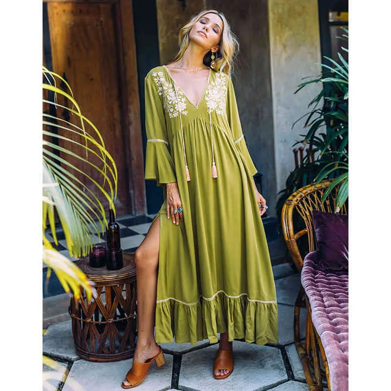 Spring Green Boho Хлопковые бикини Обложка Сексуальная Deep V-образным вырезом Машистовое Летнее Платье Женщины Пляж Носить Плавательный Костюм Накрыть A510 210420