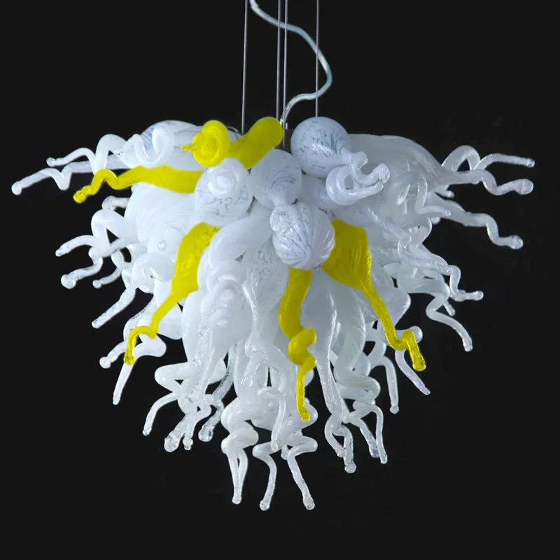 Moderne handgeblazen glas hanglamp voor huisdecoratie geel witte kleur led kroonluchter verlichting 24 inch