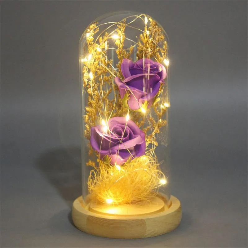 Dekorativa Blommor Kransar Inredning Bröllopsdekoration Hem Alla hjärtans dag Present Rose med LED i glas konstgjord evig