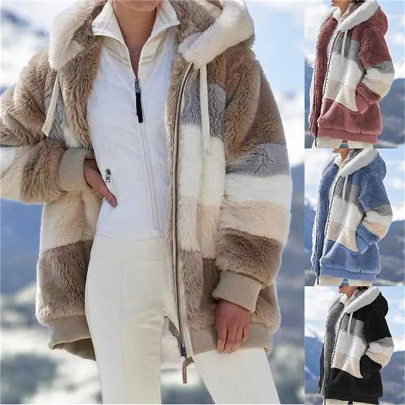 2022 Donna Inverno Plus Size Giacca lunga con orsacchiotto Caldo pile spesso Cappotto in pelliccia sintetica Peluche Donna Casual 211122