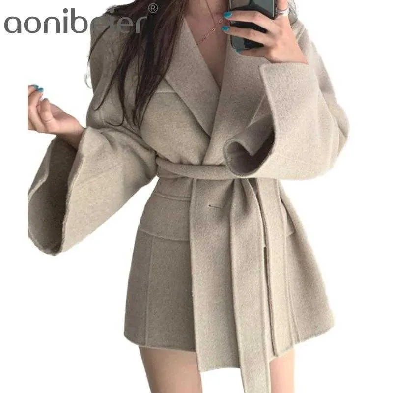 Höst Franska Lapel Straight Slimming Lace-Up Waist Cardigan Långärmad Woolen Coat för Kvinnor Lös Casual Suit 210604