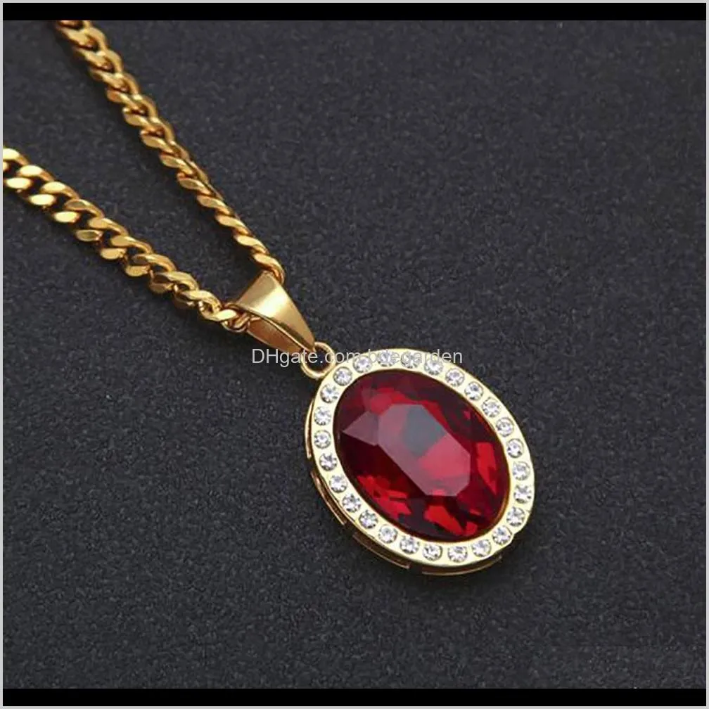 mens oval lab ruby bling pendant genine gem red simulated ruby jewelry 18k gold plated pendant necklace