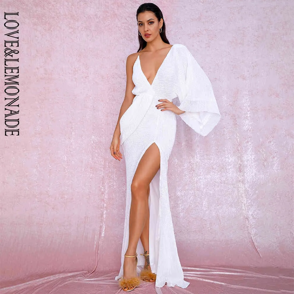 LOVE&LEMONADE White V Neck Single Sleeve Sequin Split Maxi Dress Party Wear  Evening Gown LM81848 From Kong003, $52.51 In Bulk | DHgate.Com