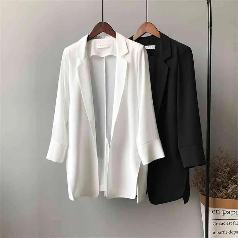 Streetwear Szyfonowa Kurtka Blazerowa Femme Elegancki Collar Notched Collar Pełna Rękaw Kobiety Cienki Letni White Suit Coat 210601