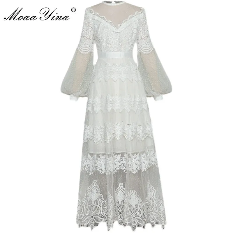 Mode Designer Dress Spring Women's Dress Lantern Sleeve Mesh Patchwork Broderi Vit Plegant Party Dresses 210524