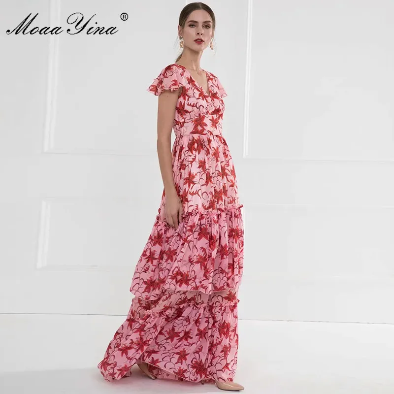 Hohe qualität sexy maxi kleid sommer frauen kurze hülse v collar floral-print rüschen holiday party elegant 210524