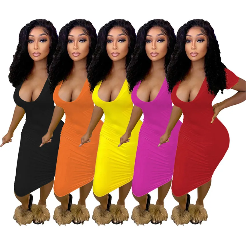 Plus storlek 2xl kvinnor sexiga klänningar solid färg v nacke kort ärm midi kjolar sommar kläder mode fem färger mager klänning 4861