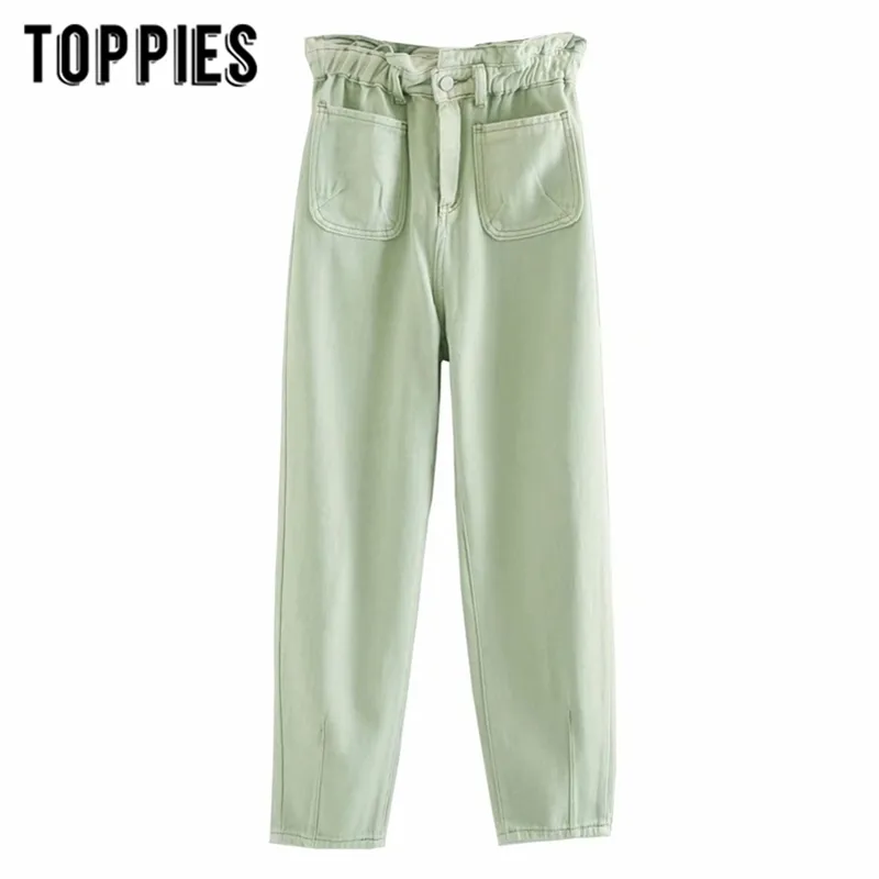 Białe zielone dżinsy Denim Paperwegage Spodnie Frontowe kieszenie wysokiej talii kostki Długość Streetwear 210421