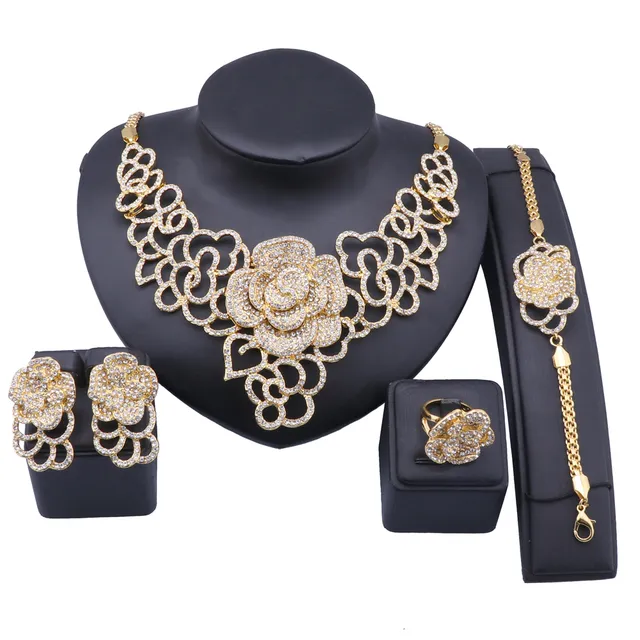 Exquisite Dubai Gold Wedding Bridesmaid Crystal Rose Flower Necklace Earrings Bracelet Ring Party Costume Jewelry Set