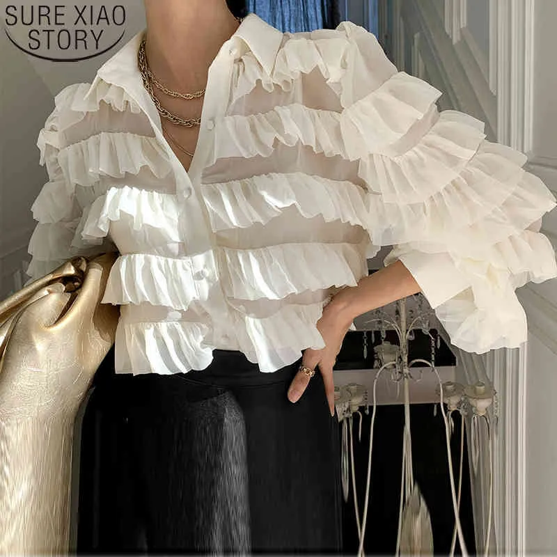 Ruffles Tops Down Yaka Korece Moda Kadınlar Bluz Kek Bahar Gevşek Beyaz Uzun Kollu Gömlek Blusas 13336 210417