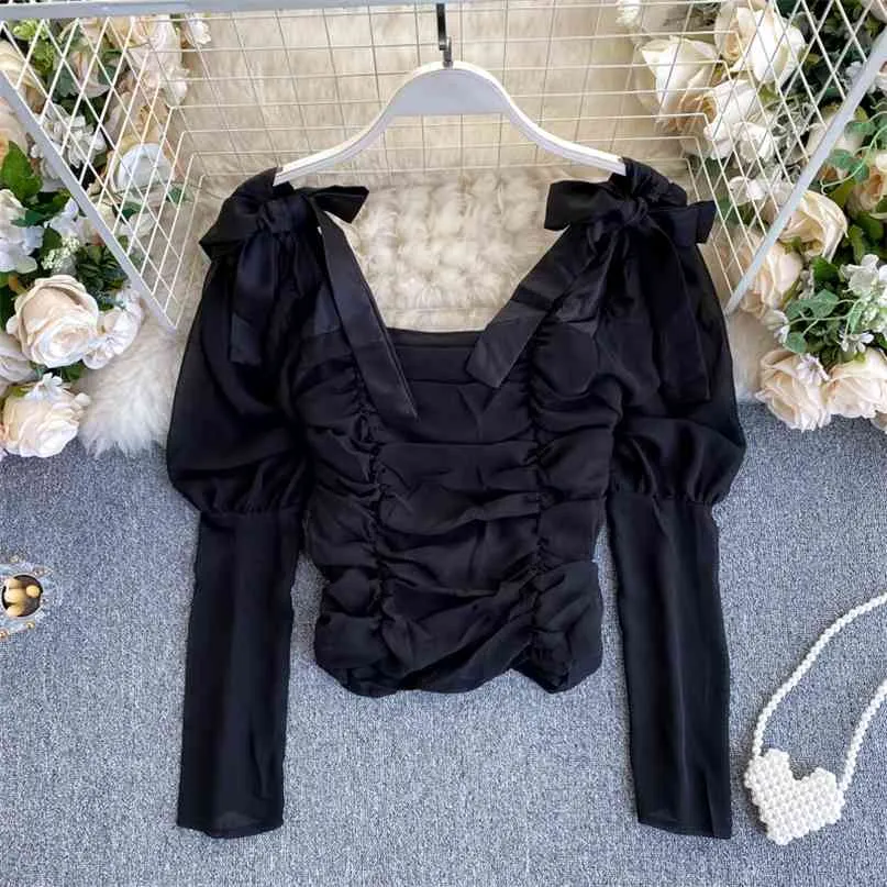 女性のブラウスブラックRUCHEDメッシュトップファッションボウタイショルダーロングパフスリーブバックジッパー女性シャツSpring 210603