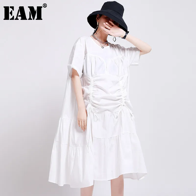 [Eam] mulheres cordão branco plissado vestido grande tamanho redondo pescoço meia manga solta fit mola verão 1w187 210512