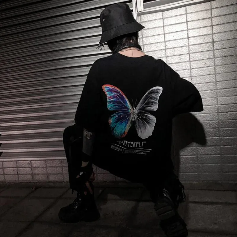 Dropshipping Hip Hop T-shirt Oversize Harajuku Mode Streetwear voor Vrouwen Kleur Butterfly T-shirt Korte Mouw Katoenen T-shirt Y0322