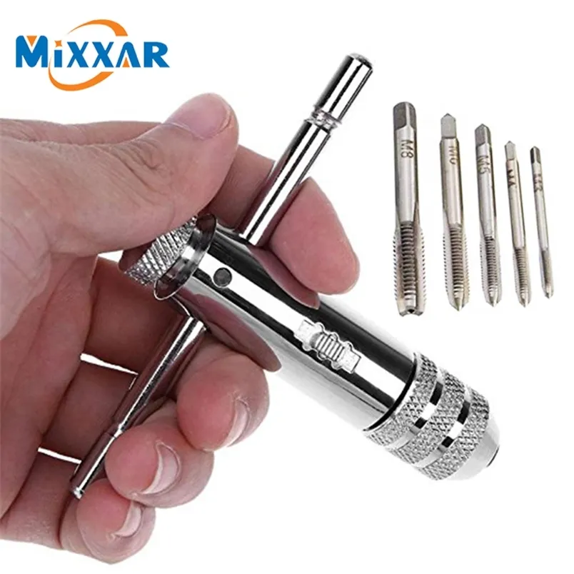 ZK30 Drop Ship 5Pcs/set Adjustable 3-8mm T-Handle Ratchet Tap Wrench With M3-M8 Machine Screw Thread Metric Plug Machinist Tool 211110