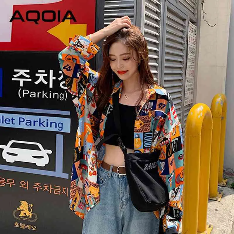 Aqoia koreanska stil patchwork långärmad lös kvinna blus skjorta ins knapp upp plus storlek damer skjortor vår kvinnliga toppar 210521