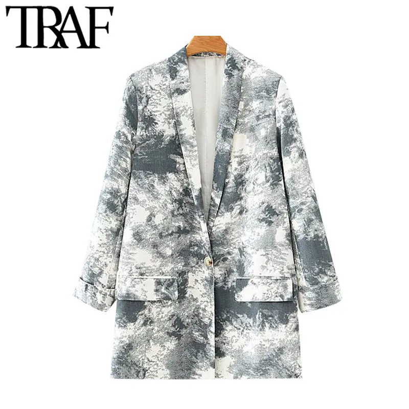 TRAF Women Fashion Single Button Tie-Dye Print Blazer Coat Vintage Långärmade fickor Kvinnliga Ytterkläder Chic Toppar 210415