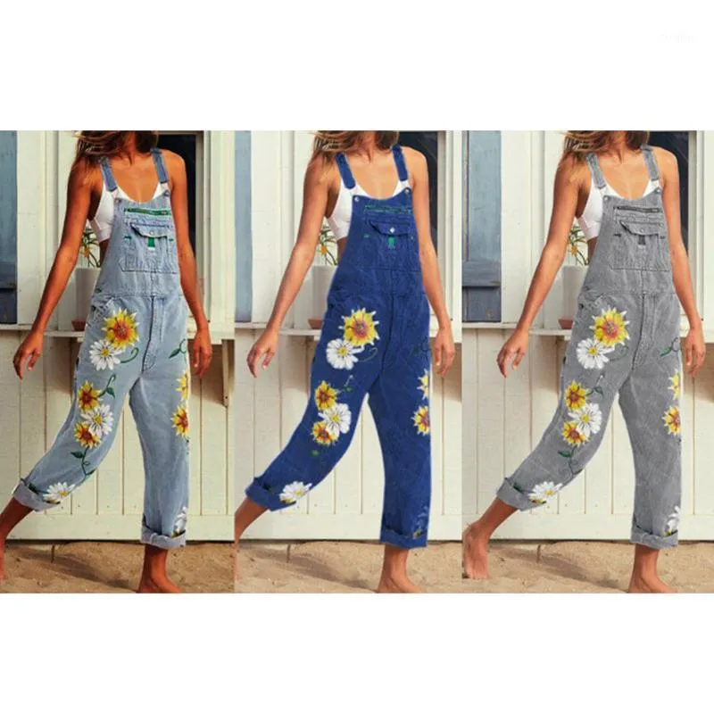 Women Pants Bodysuit Fashion Jeans Sling Flower Female Print Casual Lady Cropped Length Trousers 2021 Women's Jumpsuits & Rompers