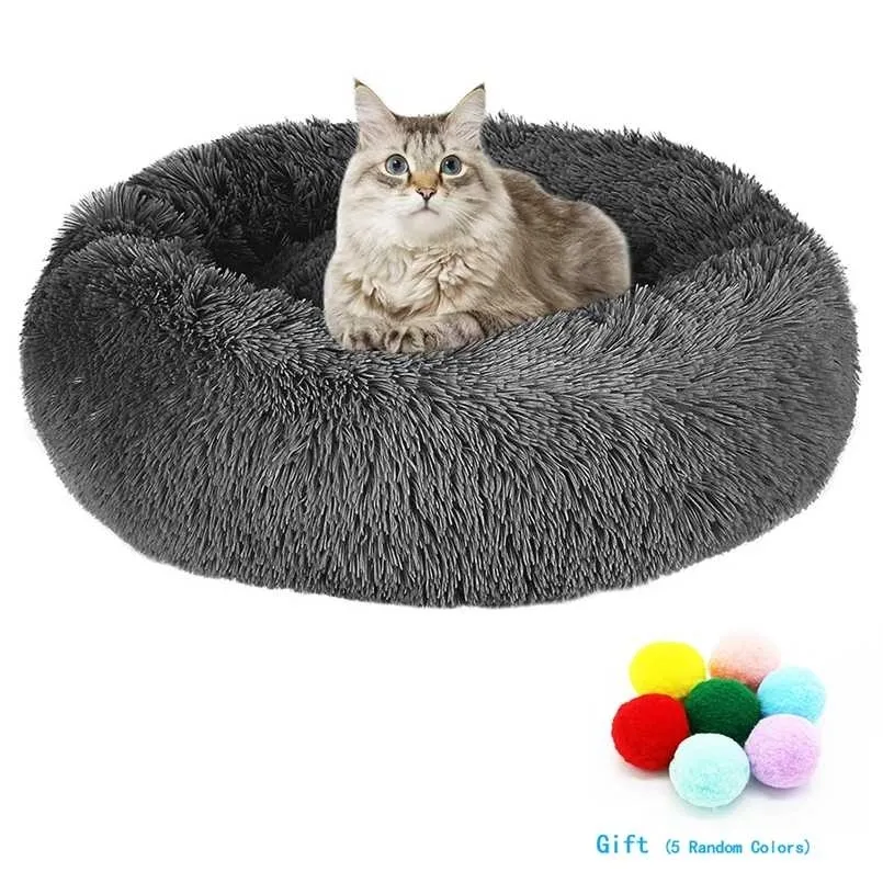 Katt hund tillbehör mjuka långa plysch katter säng vinter varm väska sov soffan 40-120cm rund fluffig bekväm touch pet kudde 211111