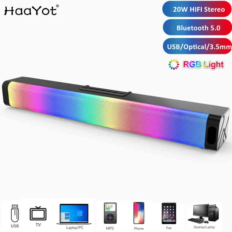 2021 Компьютерные игровые колонки с RGB Light Close Bass Stereo Sound USB 3.5 мм Оптическая звуковая панель 20 Вт Спикер PC TV Mobile