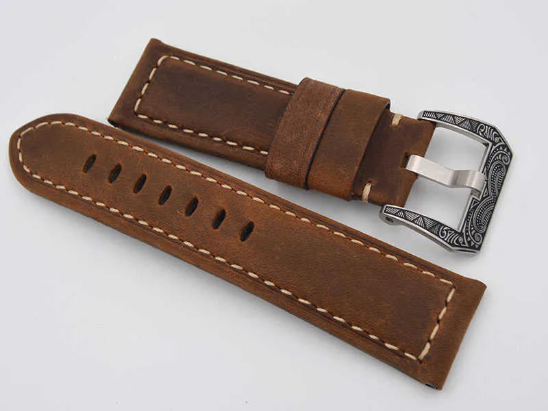 Wysokiej Jakości Handmade Skórzane Watchbands, Vintage Brown Brązowy Czarny 22mm 24mm Watch Band Pasek dla Panerai z rzeźbioną klamrą H0915