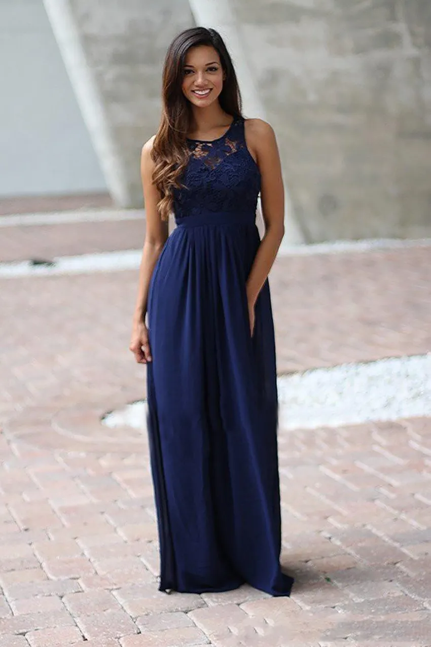 navy blue long country style bridesmaid dresses 20 Country Style Navy Blue Bridesmaid Dress, A-Line Chiffon Gown with Square Neckline, Short Capped Sleeves, Illusion Lace Sequin, Sweep Train, Built-In
