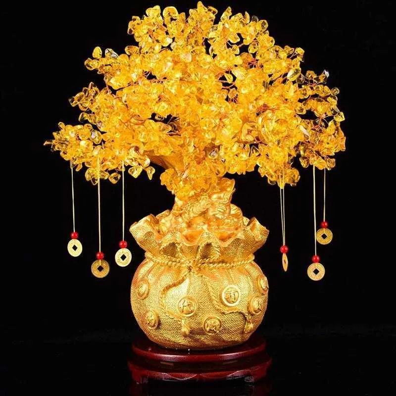 19cm Natural Crystal Tree Money Ornaments Bonsai Style Wealth Luck Feng Shui Home Decor(with Gold Coins and Base) 210804