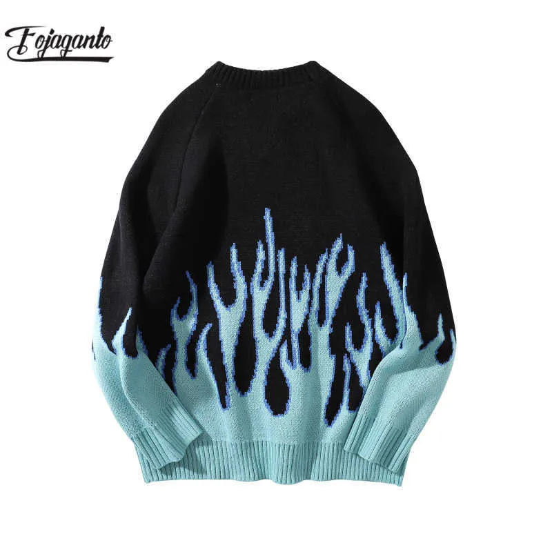 Fojaganto Mäns Vinter Höst Loose Sweater harajuku Oversize Hip Hop Pullover Streetwear Casual Blue Flame Male 210909