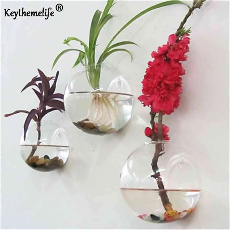 Keythemelife Vase en verre semi-circulaire Tenture murale Terrarium hydroponique Réservoirs de poissons Plante en pot Pot de fleurs Mariage Home Decor DA 210409