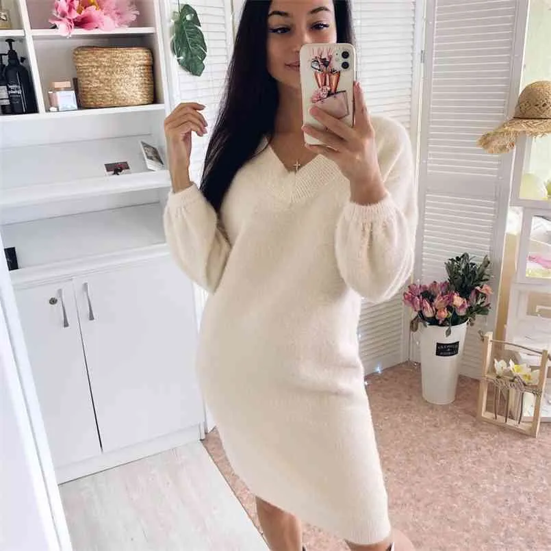 HLBCBG V Neck Long Sleeve Sweater Dress Women Autumn Winter Loose Tunic Knitted Casual Clothes Above Knee Mini Solid Dresses 210806