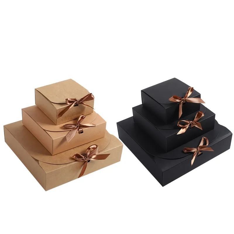 100Pcs/Lot Kraft Paper Bow Gift Box Packaging Baking White Cake Box Christmas Decor Wedding Gift Cardboard Boxes Party Supplies