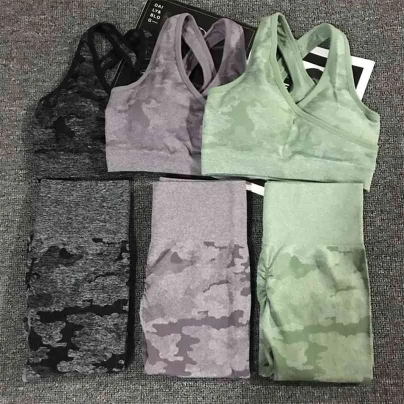 Camo Seamless Yogi Zestaw Kobiety Fitness Odzież Booty Legginsy + Wysoki Impact Bracie Sport 2 szt. Garnitury sportowe Gym Dressuit 210802