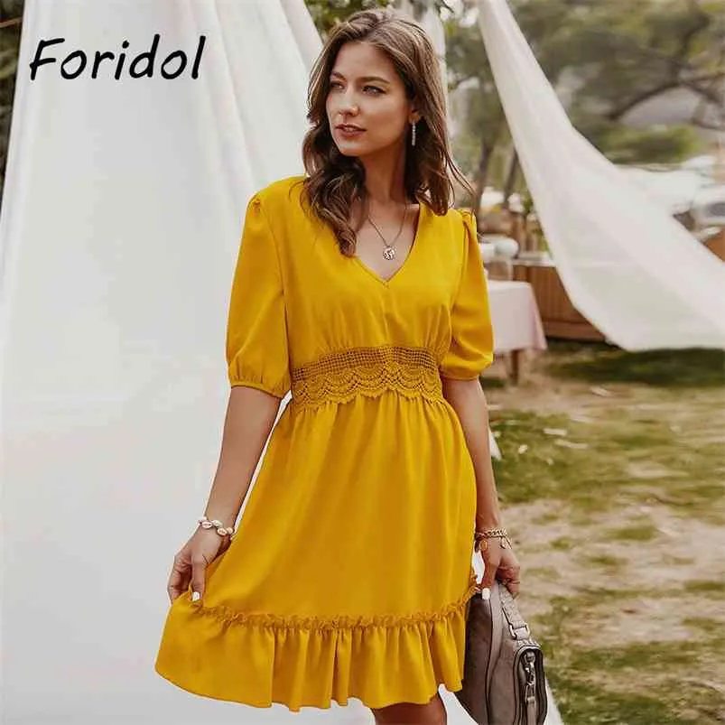 Crochet Solid Yellow Summer Dress Women Casul Half Sleeve Short Beach Sundress V Neck Ruffle Clothing 210427