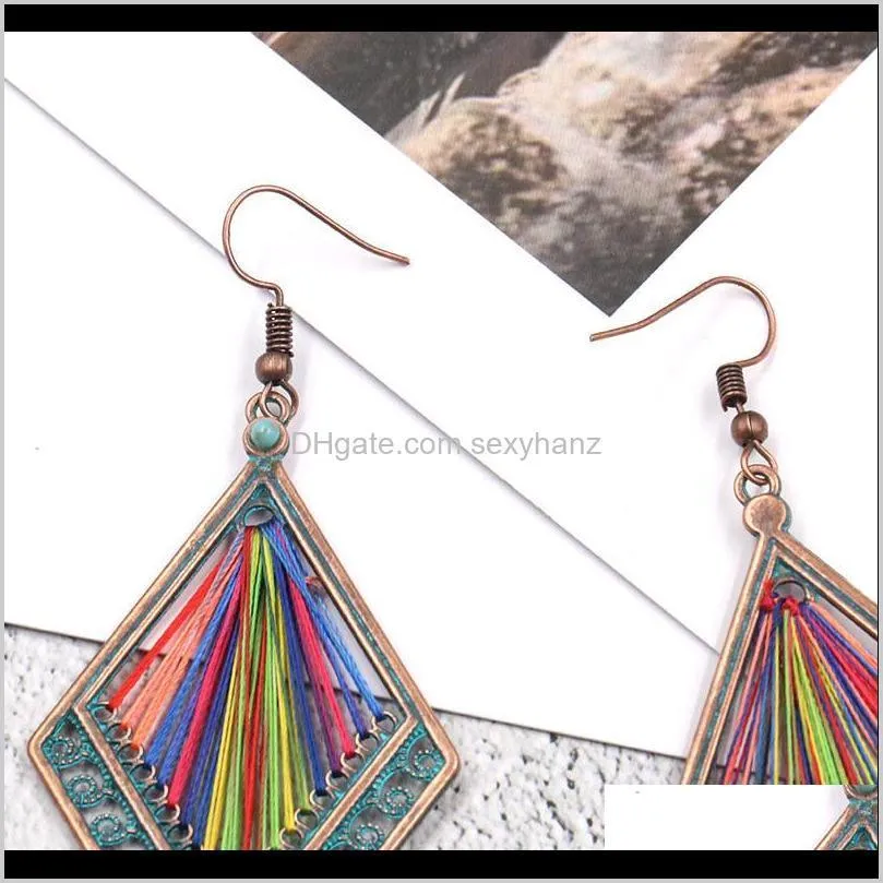 bohemia hollow out rhombus colorful cord handmade long pendant earrings women fashion ear hooked eardrop jewelry party gifts accessory