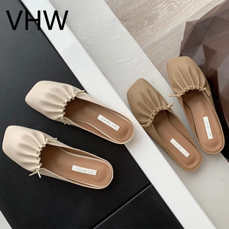 Vrouwen muilezels jurk feest schoenen lente zomer mode vierkant gesloten teen flats dames beige lederen geplooide sandalen casual vrouwelijke slippers