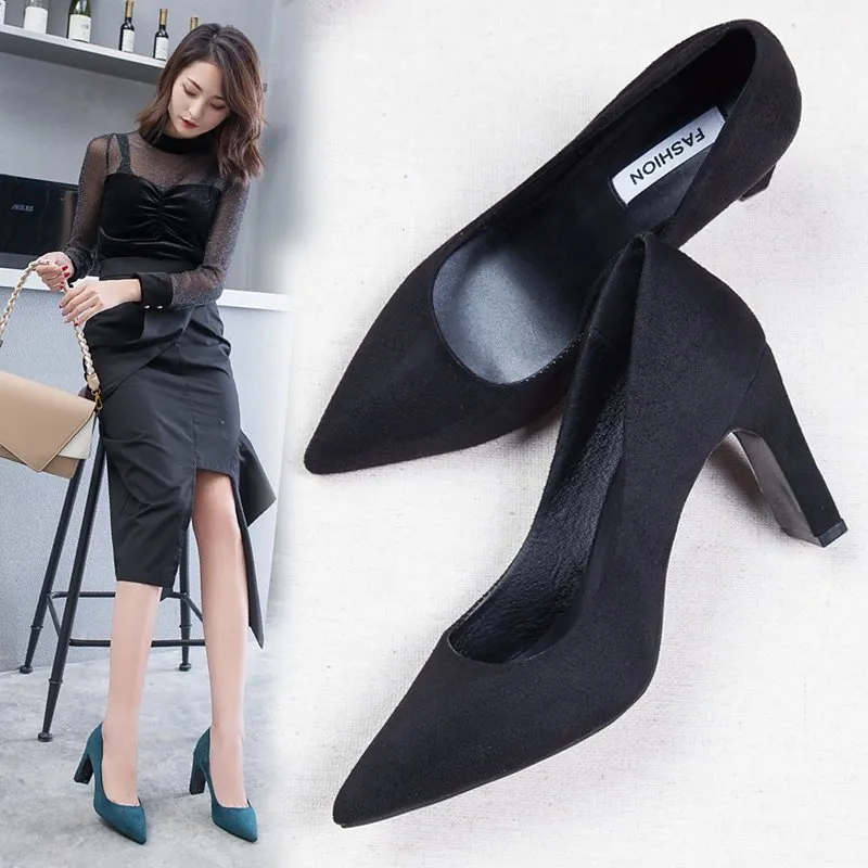 Womens Shoes 2021 High Heels Pumps Elegant Fashion Pointed-Toe Slip-On Flock Thick Heel Working Party Shoes wholesale and dropshipping