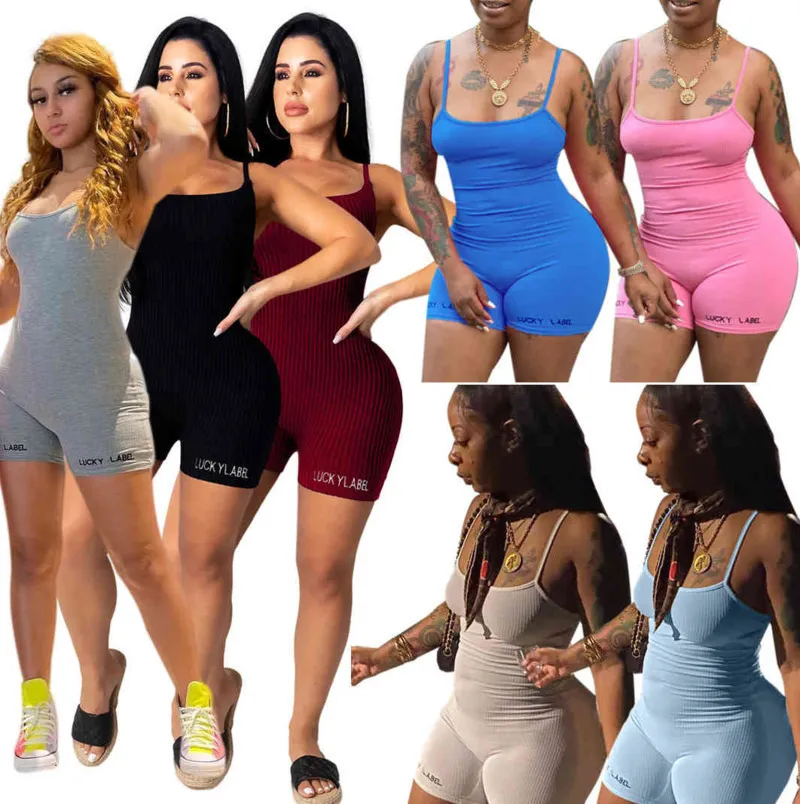 Verão Mulheres Jumpsuit U-Pescoço Carta Bordada Letra Elástica Suspender Onesies Casual Cor Sólida Slim Macacos 859