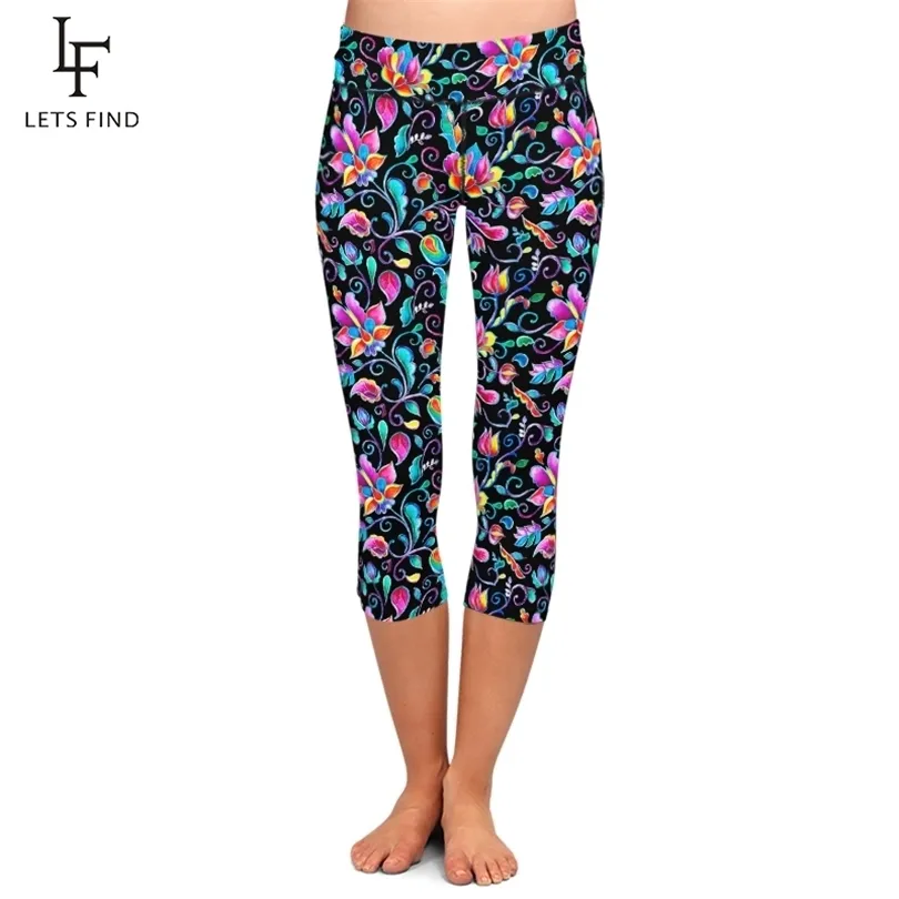 LETSFIND Summer Women Black Leggings High Elastic Milk Silk Flowers Print Waist Fitness Casual Mid-Calf 211221