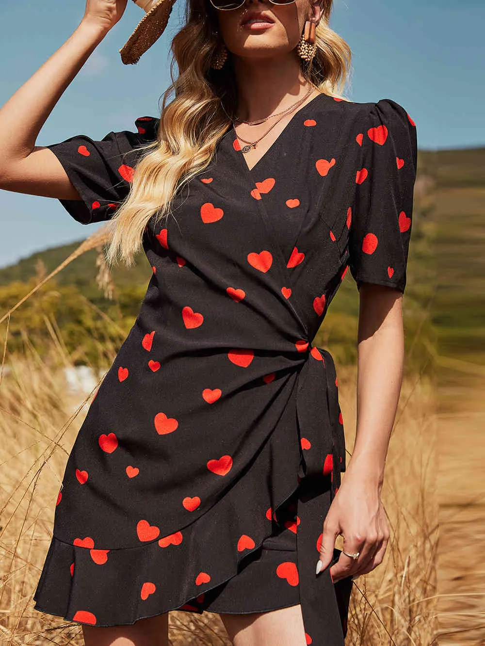French Vintage Heart Print Black Wrap Dress - Casual Beach Style Red Polka Dot Sundress for Women (Vestidos de Mujer) French Vintage Heart Print Black Wrap Dress - Casual Beach Style Red Polka Dot Sundress for Women (Vestidos de Mujer)