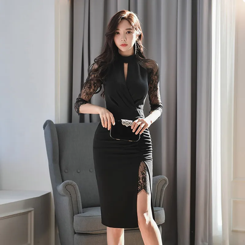 Vestido de vendaje negro de cintura alta de encaje de empalme de cadera delgado con cuello levantado coreano de media manga Celebrity Bodycon 805G 210420