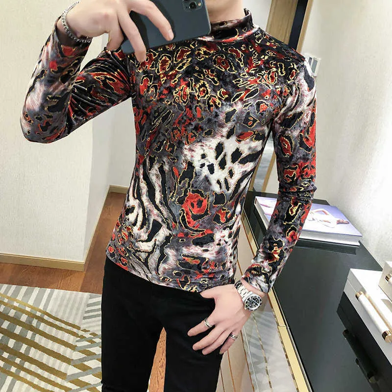 Shirt Leopard Print Turtleneck Mens Leopard Print Velvet Men T