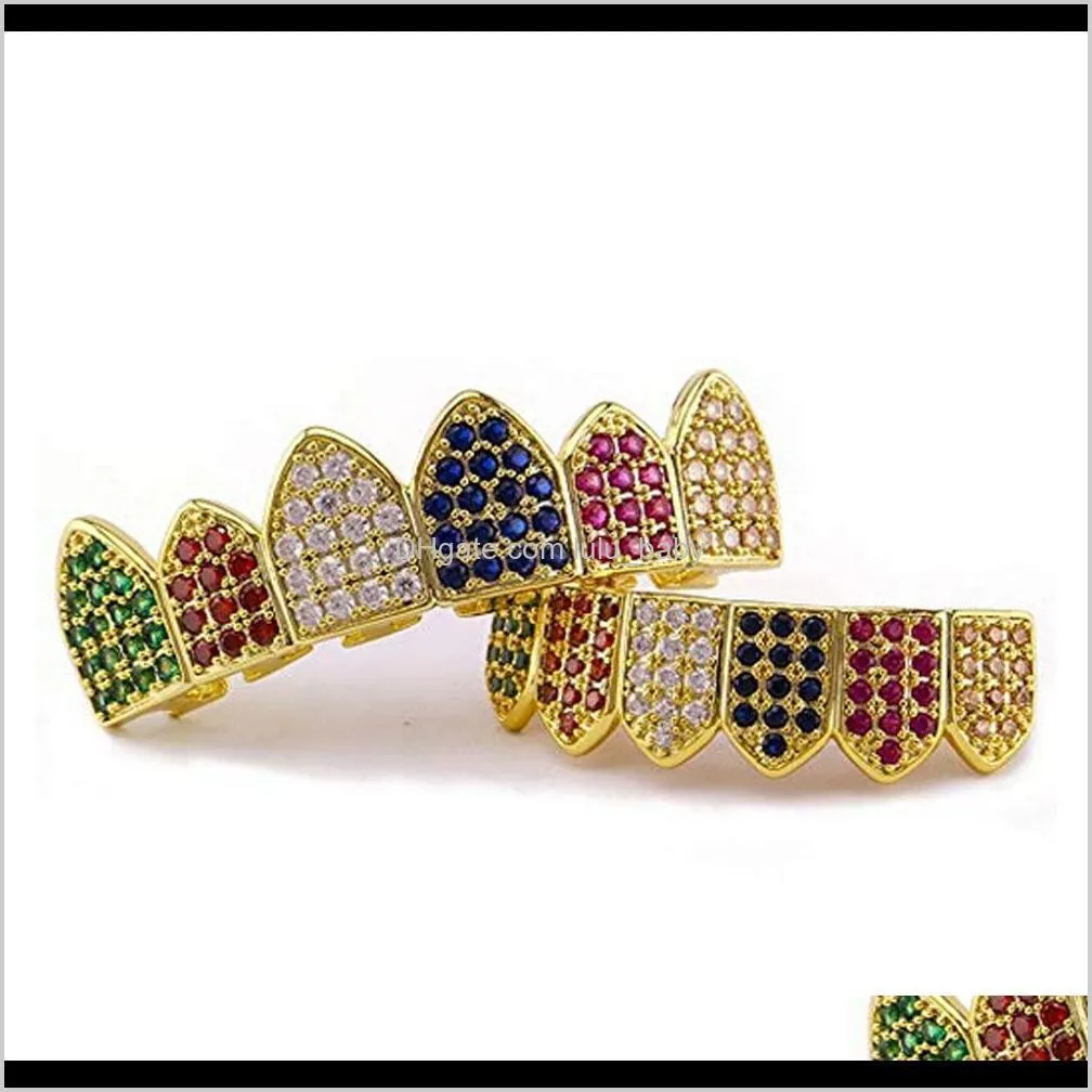 colorful grillz set gold plated cz crystal teeth dental grill bling gold teeth grillz top bottom grills