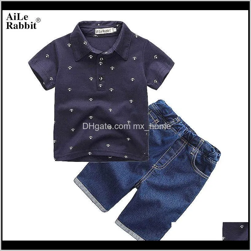 Bébé bébé maternité livraison directe 2021 été enfants vêtements garçon ancre gentleman chemise à manches courtes short en jean 2 pièces ensembles pour 27 ans Ki