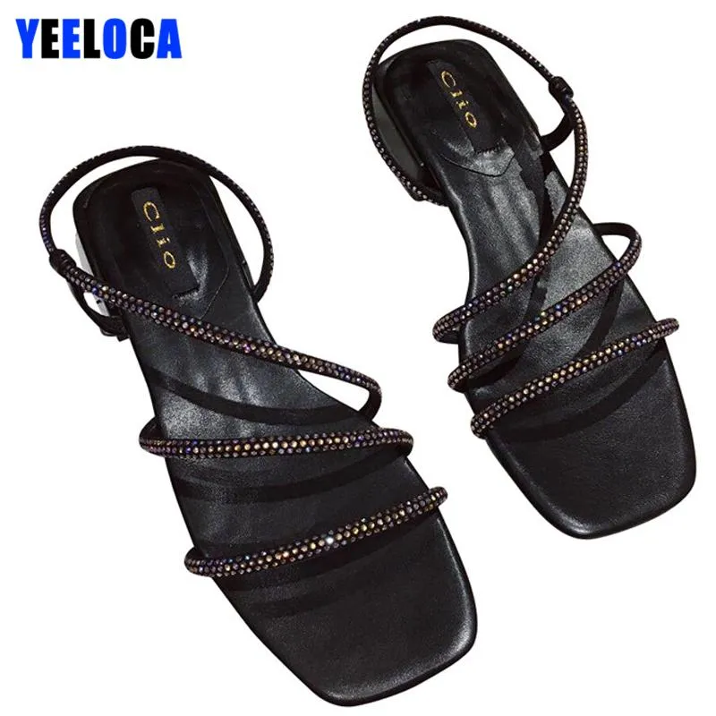 Chaussures habillées YEELOCA sandales femmes été bout ouvert sabot talons Med talon Bling chaîne perle mode bride à la cheville sans lacet décontracté noir femme